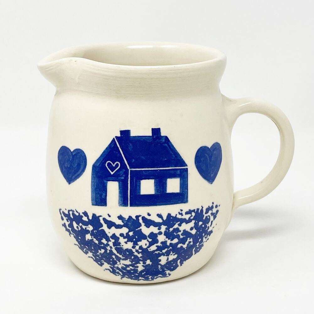 Vintage Studio Pottery Cream Pitcher with Blue‎ House Hearts 4.5" Tall Prairie